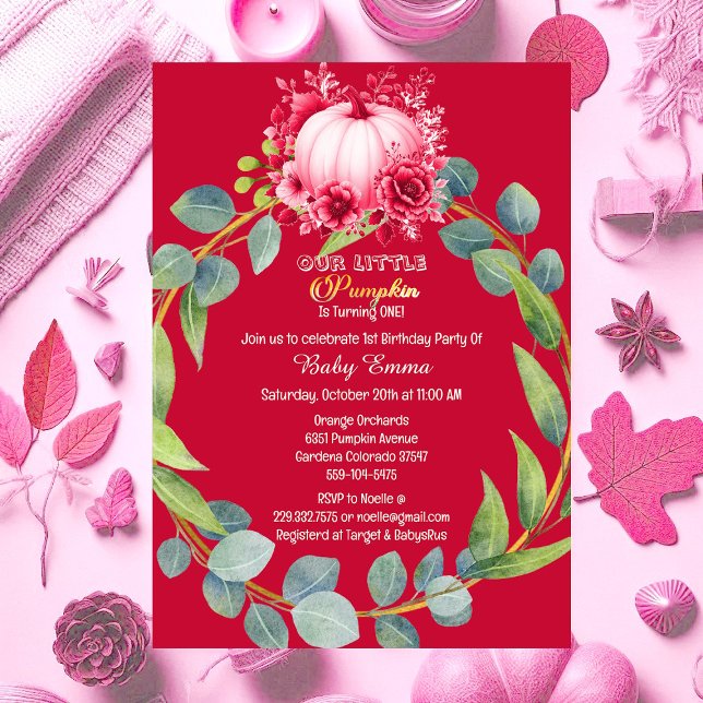 Invitation Notre petit Citrouille 1er anniversaire Green Wrea (Our Little Pumpkin 1st Birthday Green Wreath Pink Invitation)