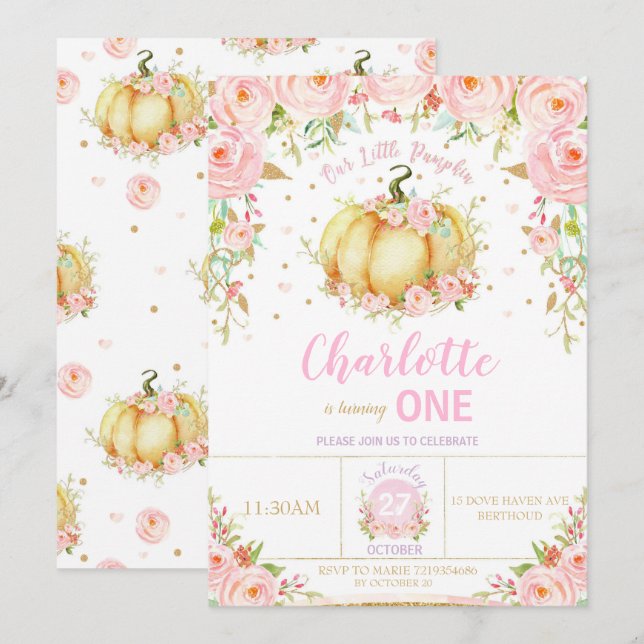 Invitation Notre petit Citrouille 1er premier anniversaire fi (Devant / Derrière)
