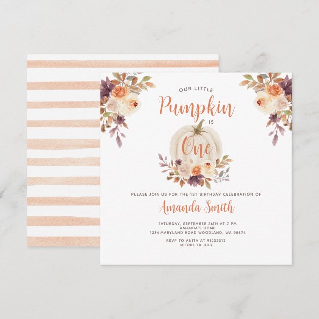 Invitation Notre Petit Citrouille a un Anniversaire Floral Ru (Devant / Derrière)