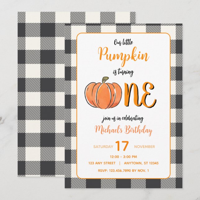 Invitation Notre Petit Citrouille Automne Flannel Boys Annive (Devant / Derrière)