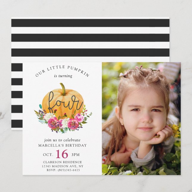 Invitation Notre Petit Citrouille Automne Floral 4e anniversa (Devant / Derrière)