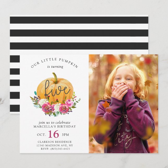 Invitation Notre Petit Citrouille Automne Floral 5e Anniversa (Devant / Derrière)