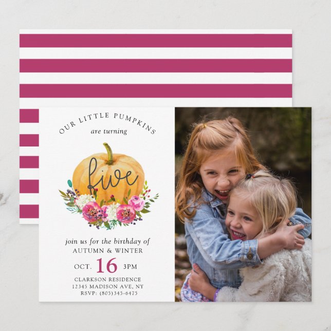 Invitation Notre Petit Citrouille Automne Floral 5e Twins Ann (Devant / Derrière)