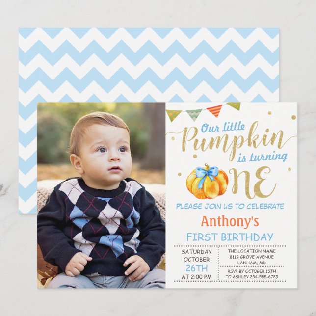 Invitation Notre petit Citrouille Baby Boy 1er anniversaire P (Devant / Derrière)
