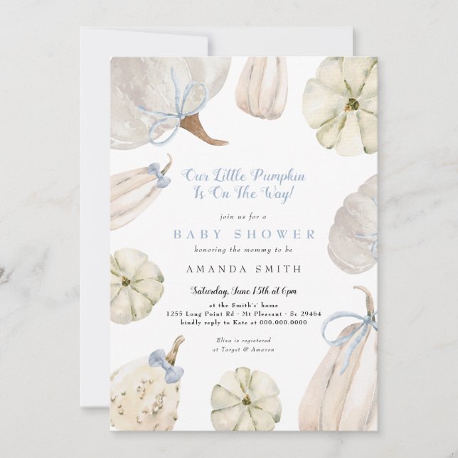 Invitation Notre petit Citrouille Boy Blue Bow Baby shower ru (Devant)