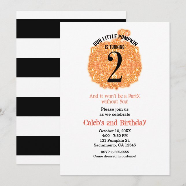 Invitation Notre Petit Citrouille DEUX 2e fête d'anniversaire (Devant / Derrière)