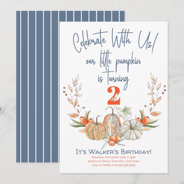 Invitation Notre Petit Citrouille Deuxième Anniversaire Bleu  (Devant / Derrière)