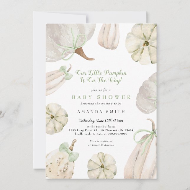 Invitation Notre petit Citrouille Green Bow Baby shower rusti (Devant)