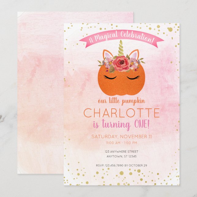 Invitation Notre Petit Citrouille Unicorn Magique Anniversair (Devant / Derrière)