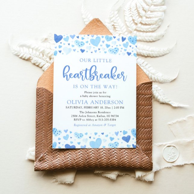 Invitation Notre Petit Coeur Bleu Baby shower Valentin (Watercolor Cute A Little Heartbreaker Blue Hearts Baby Boy Valentine Baby Shower Invitation)