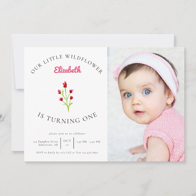 Invitation Notre petit Fleur sauvage 1er anniversaire Photo f (Devant)