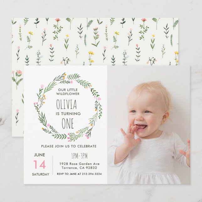 Invitation Notre Petit Fleur sauvage Fête Son 1Er Anniversair (Devant / Derrière)