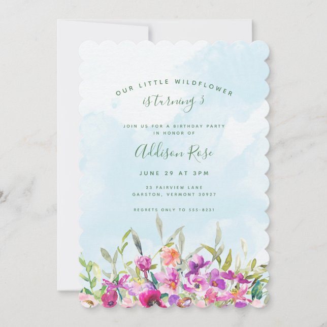 Invitation Notre Petit Fleur sauvage Purple Floral Anniversai (Devant)