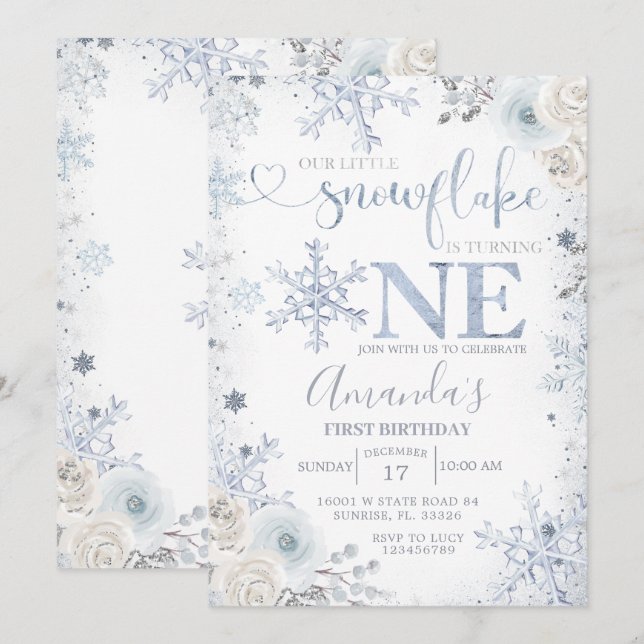 Invitation Notre Petit Flocon de Neige Anniversaire Pastel Fl (Devant / Derrière)