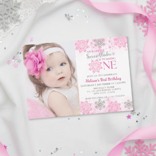 Invitation Notre petit flocon de neige rose photo d'anniversa