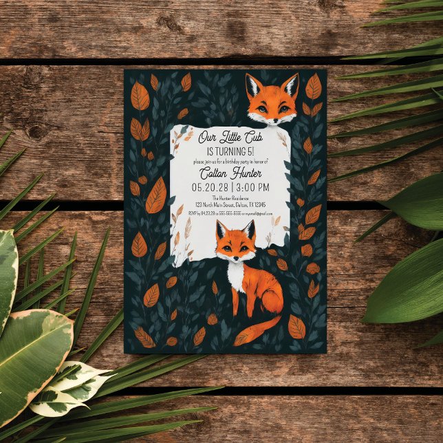 Invitation Notre Petit Fox Cub Orange Forest Feuilles Anniver (Créateur téléchargé)