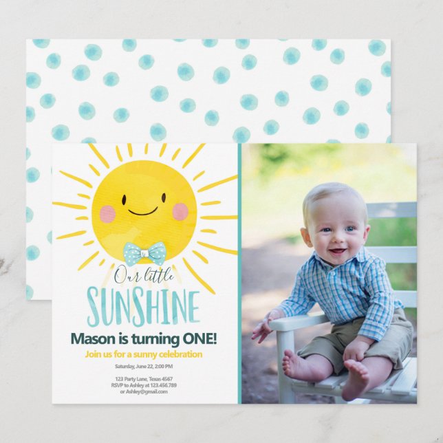 Invitation Notre petit garçon Sunshine Blue Bow Cravate Solei (Devant / Derrière)