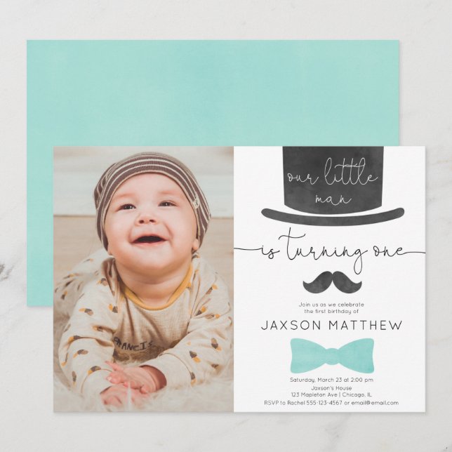 Invitation Notre petit homme turquoise aqua 1er anniversaire  (Devant / Derrière)