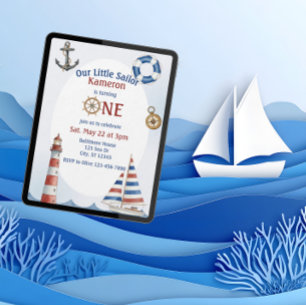 Invitation Notre petit marin, 1er anniversaire, aquarelle