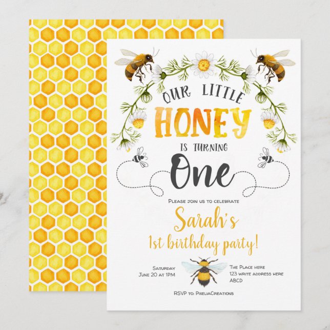 Invitation Notre petit miel, abeille thème 1er anniversaire i (Devant / Derrière)