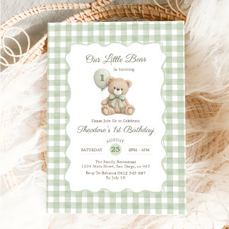 Invitation Notre petit ours vert ballon premier anniversaire