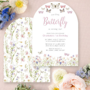 Invitation Notre Petit Papillon 1er Anniversaire Rose Aquarel