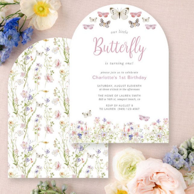 Invitation Notre Petit Papillon 1er Anniversaire Rose Aquarel (Créateur téléchargé)