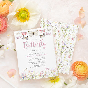 Invitation Notre Petit Papillon 1er Anniversaire Rose Aquarel