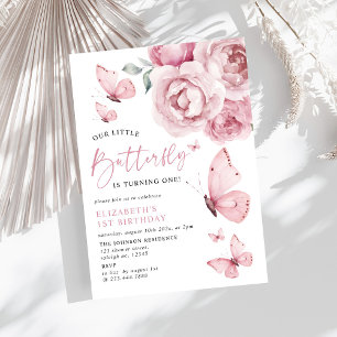 Invitation Notre petit papillon rose Roses 1er anniversaire
