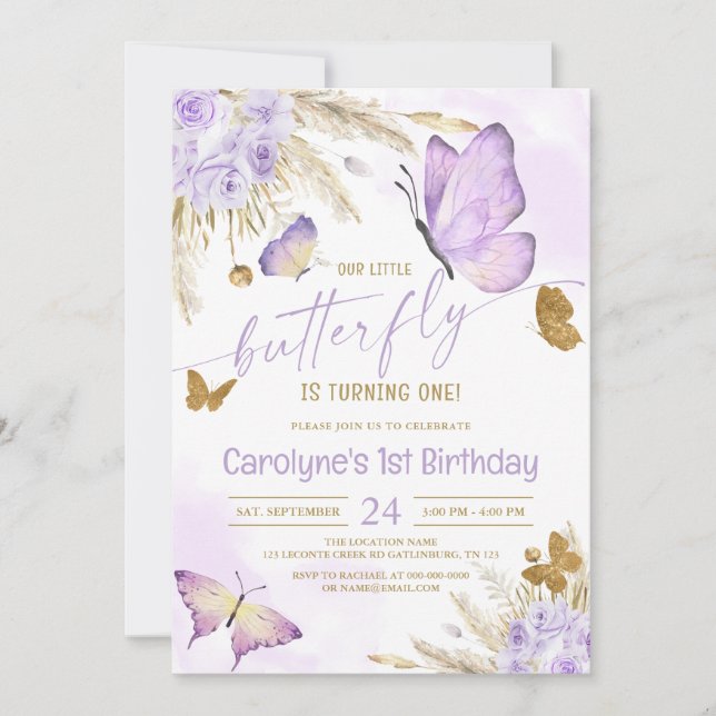 Invitation Notre petit papillon violet Boho Anniversaire (Devant)