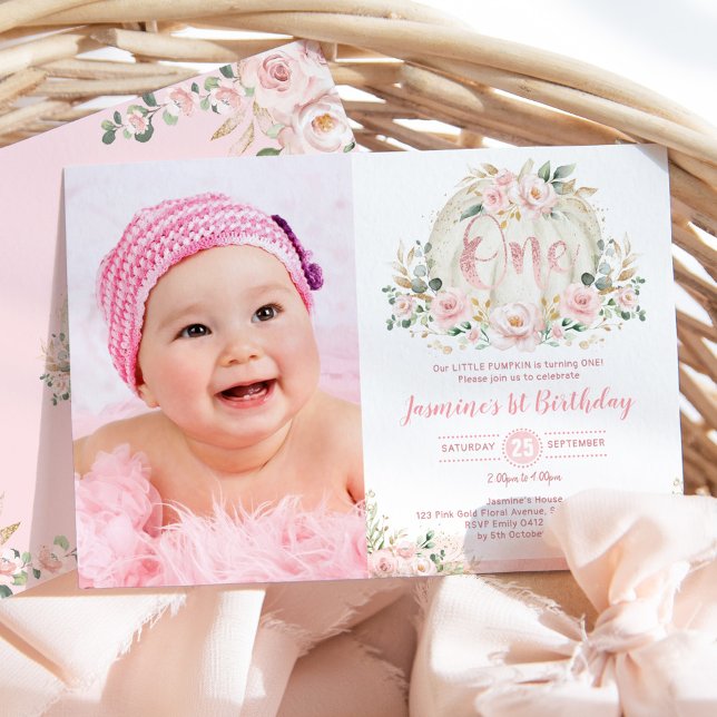 Invitation Notre petit Rose Citrouille Gold Blush Floral Anni (Créateur téléchargé)