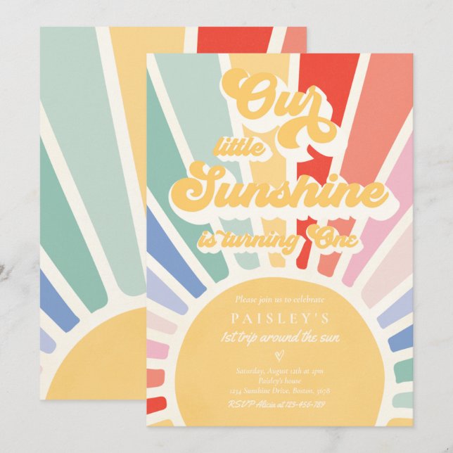 Invitation Notre Petit Soleil 1er Anniversaire Arc-en-ciel Mu (Devant / Derrière)