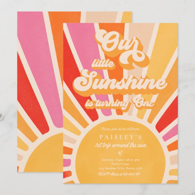 Invitation Notre Petit Soleil 1er Anniversaire Bright Rainbow (Devant / Derrière)