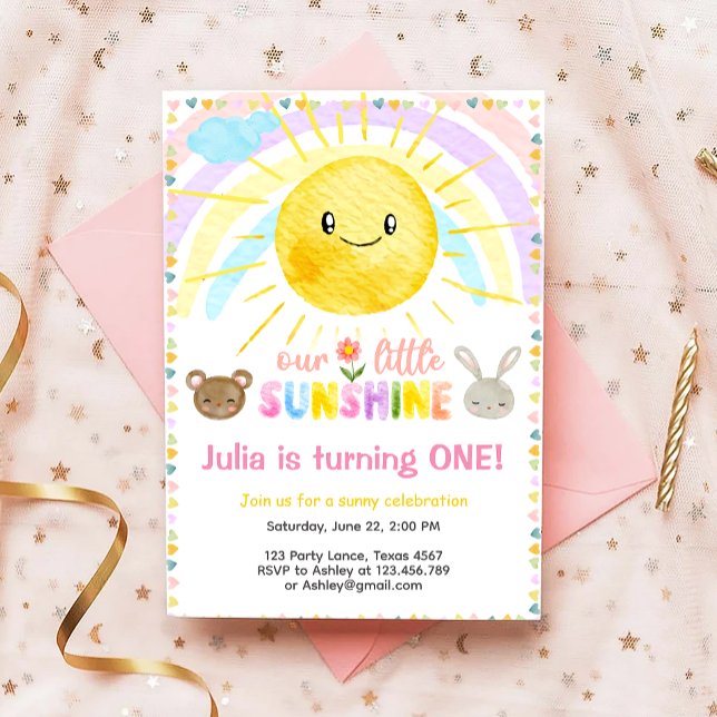 Invitation Notre Petit Soleil Cute Girl Rose Premier Annivers (Créateur téléchargé)