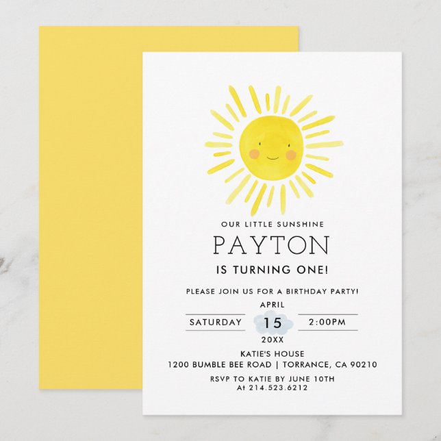 Invitation Notre Petit Soleil Soleil 1er Anniversaire (Devant / Derrière)