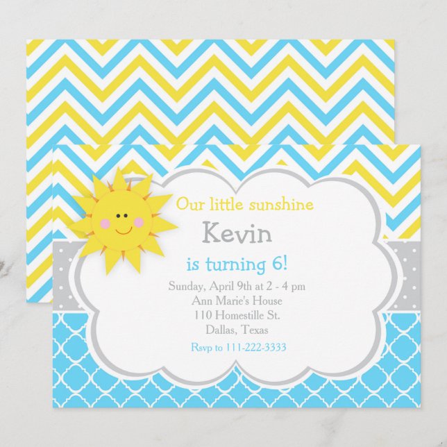 Invitation Notre petit Sunshine Blue et Jaune fête d'annivers (Devant / Derrière)