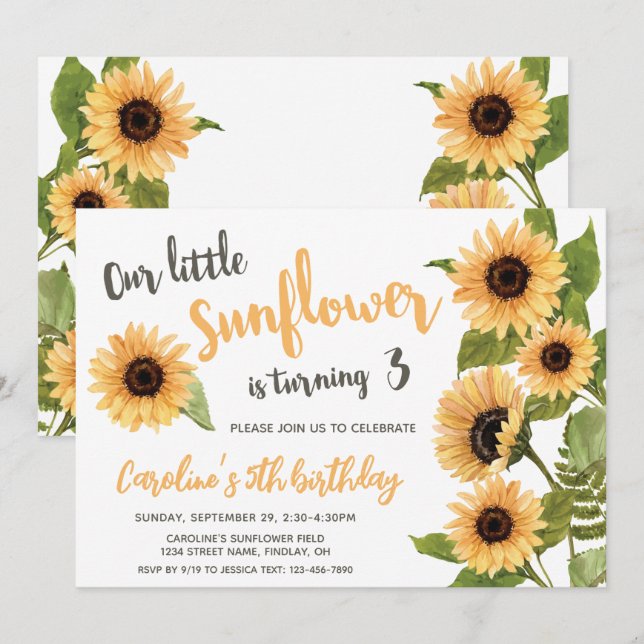 Invitation Notre Petit Tournesol, Aquarelle N'Importe Quel Âg (Devant / Derrière)