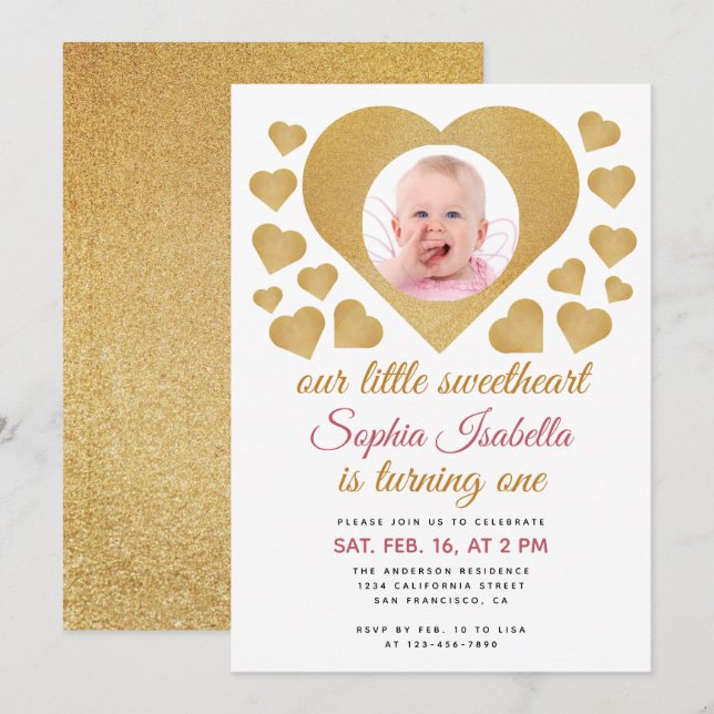 Invitation Notre petite amoureuse photo Gold Heart Anniversai (Devant / Derrière)