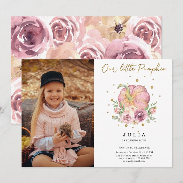 Invitation Notre Petite Citrouille Anniversaire Pink Photo In (Devant / Derrière)