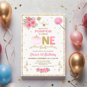 Invitation Notre petite citrouille rose et or fête son 1er an