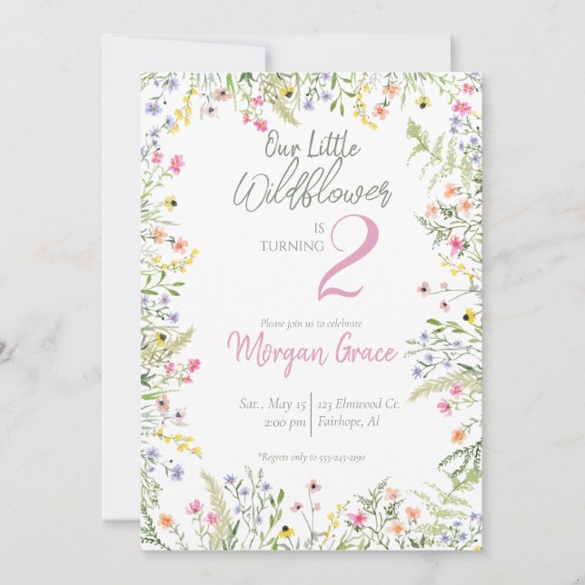 Invitation Notre petite fête d'anniversaire Fleur sauvage ave (Devant)