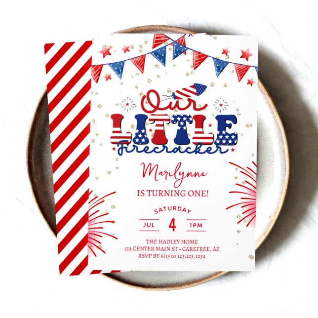 Invitation Notre petite fêteuse 1ère fête d'anniversaire (1st birthdaykids children childred white blueindependence day 4th of julysummer birthdaysfireworkspa)