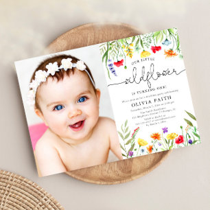 Invitation Notre petite fille fleur sauvage photo 1er anniver
