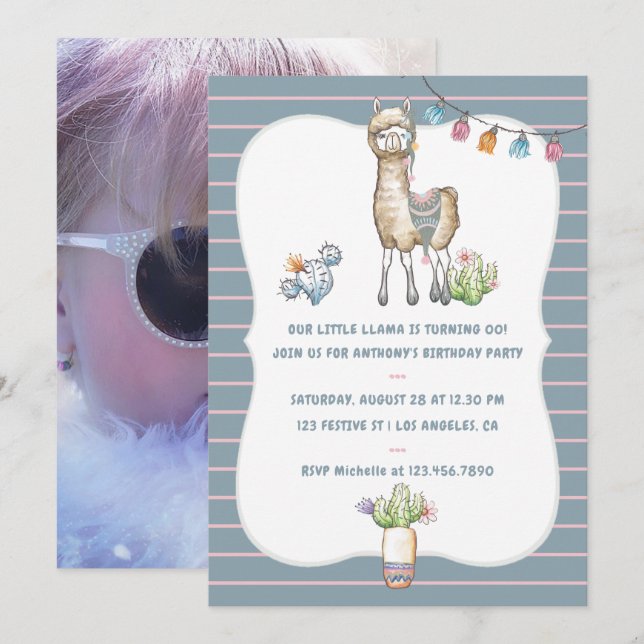 Invitation Notre petite Llama Anniversaire de enfant Party In (Devant / Derrière)