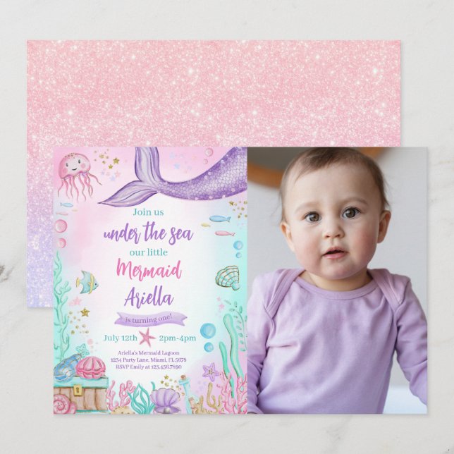 Invitation Notre petite sirène photo d'anniversaire (Devant / Derrière)