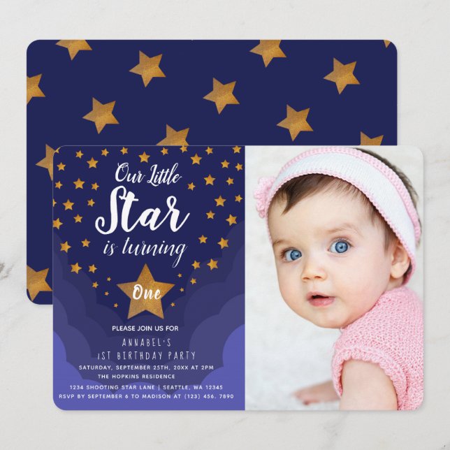 Invitation Notre petite Star Cute 1er Anniversaire Photo (Devant / Derrière)