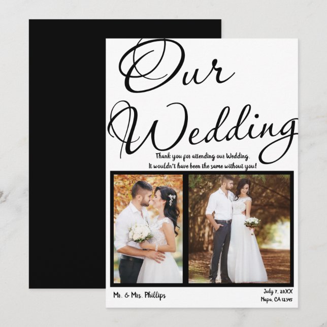 Invitation Notre photo de mariage noir et blanc Merci (Devant / Derrière)