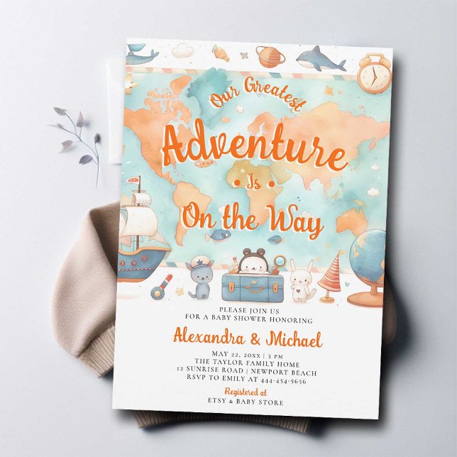 Invitation Notre plus grand Baby shower Neutre Coed Aventure (greatest adventure couples baby shower invitation cute world map watercolor coed gender neutral)