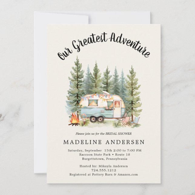 Invitation Notre plus grande aventure Camping Baby shower Sag (Devant)