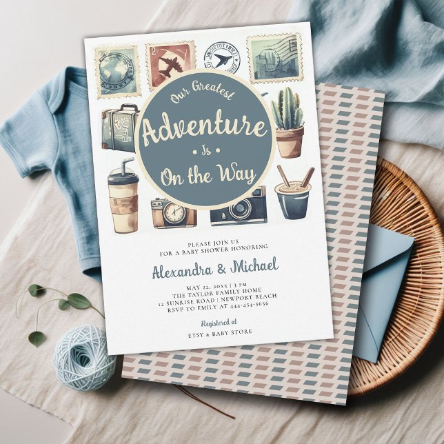 Invitation Notre plus grande aventure Retro Coed Baby Boy Dou (greatest adventure baby boy shower invitation retro vintage watercolor coed travels voyage)